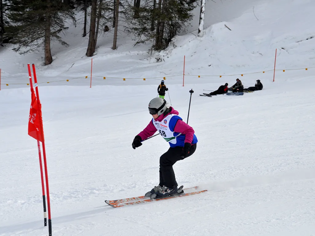 Skifahrerin am unteren Streckenabschnitt vor dem Waldrand.